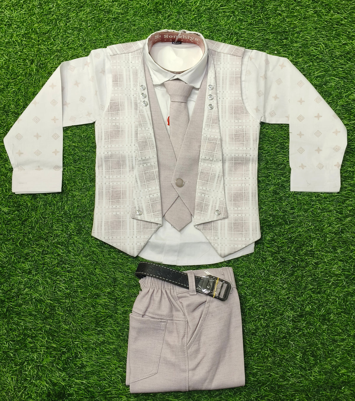 Boys Cream Printed Shirt with Beige Checked Waistcoat & Formal Pant Set