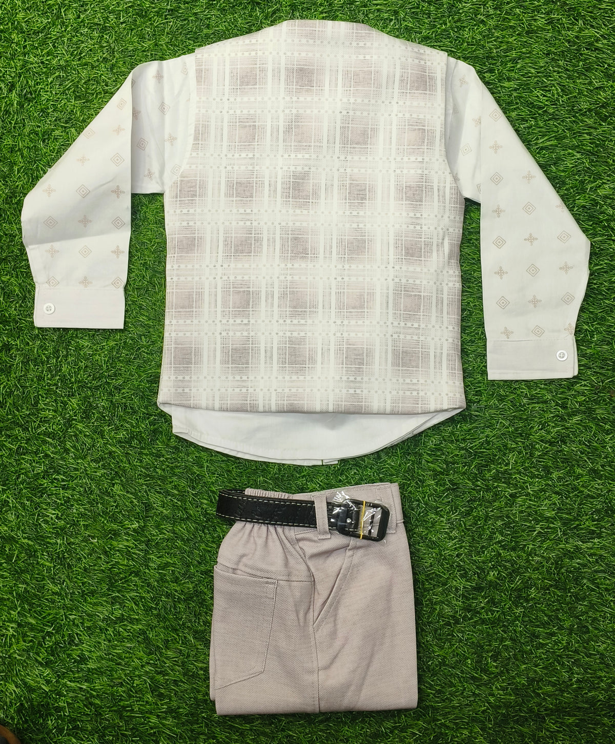 Boys Cream Printed Shirt with Beige Checked Waistcoat & Formal Pant Set