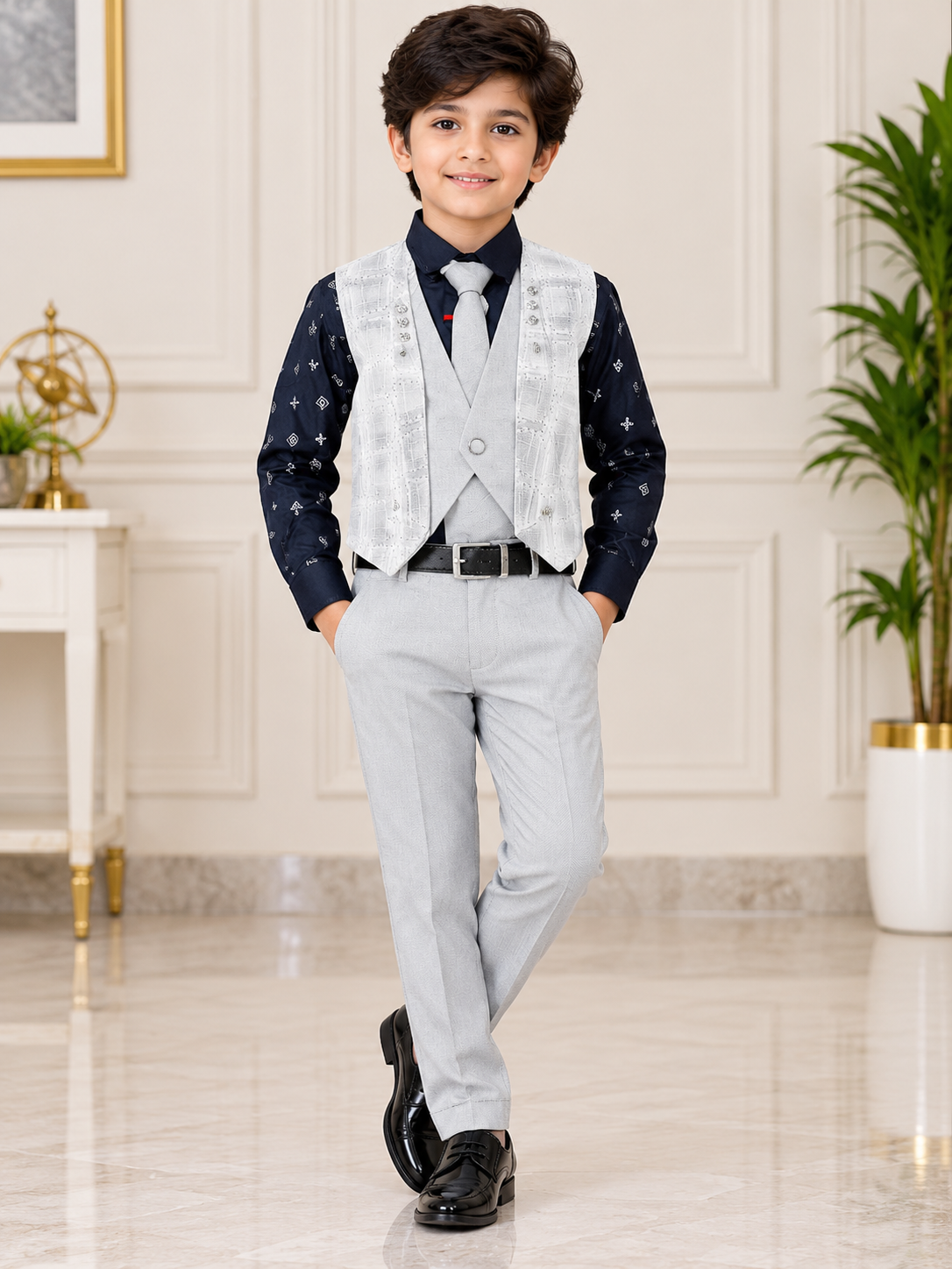 Boys Navy Blue Printed Shirt with Light Grey Waistcoat & Formal Pant Set