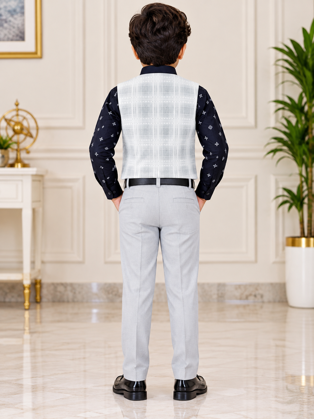 Boys Navy Blue Printed Shirt with Light Grey Waistcoat & Formal Pant Set