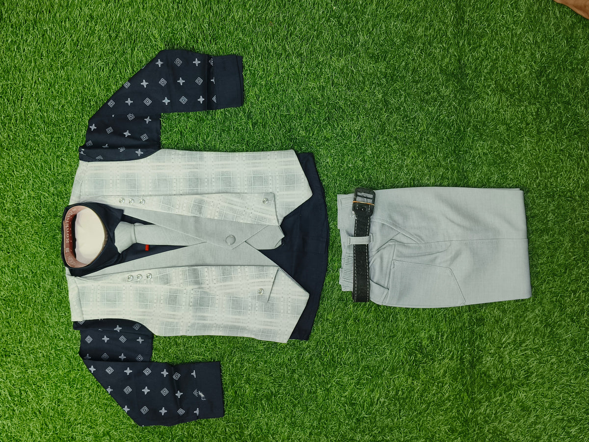 Boys Navy Blue Printed Shirt with Light Grey Waistcoat & Formal Pant Set