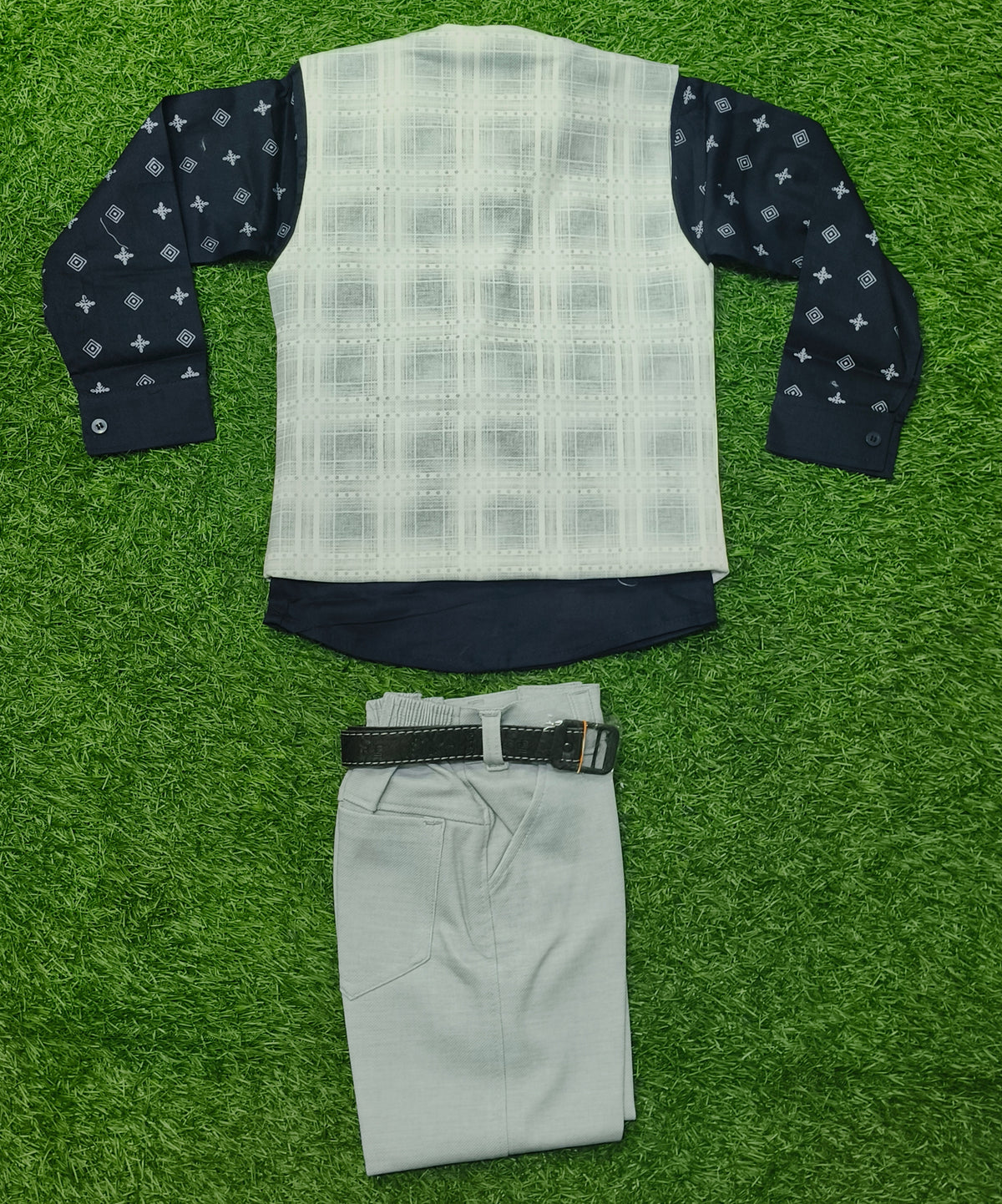 Boys Navy Blue Printed Shirt with Light Grey Waistcoat & Formal Pant Set
