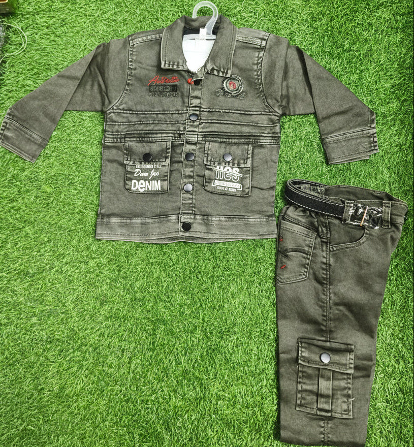 Boys Olive Green Denim Jacket and Olive Green Elastic Waist Pant Set