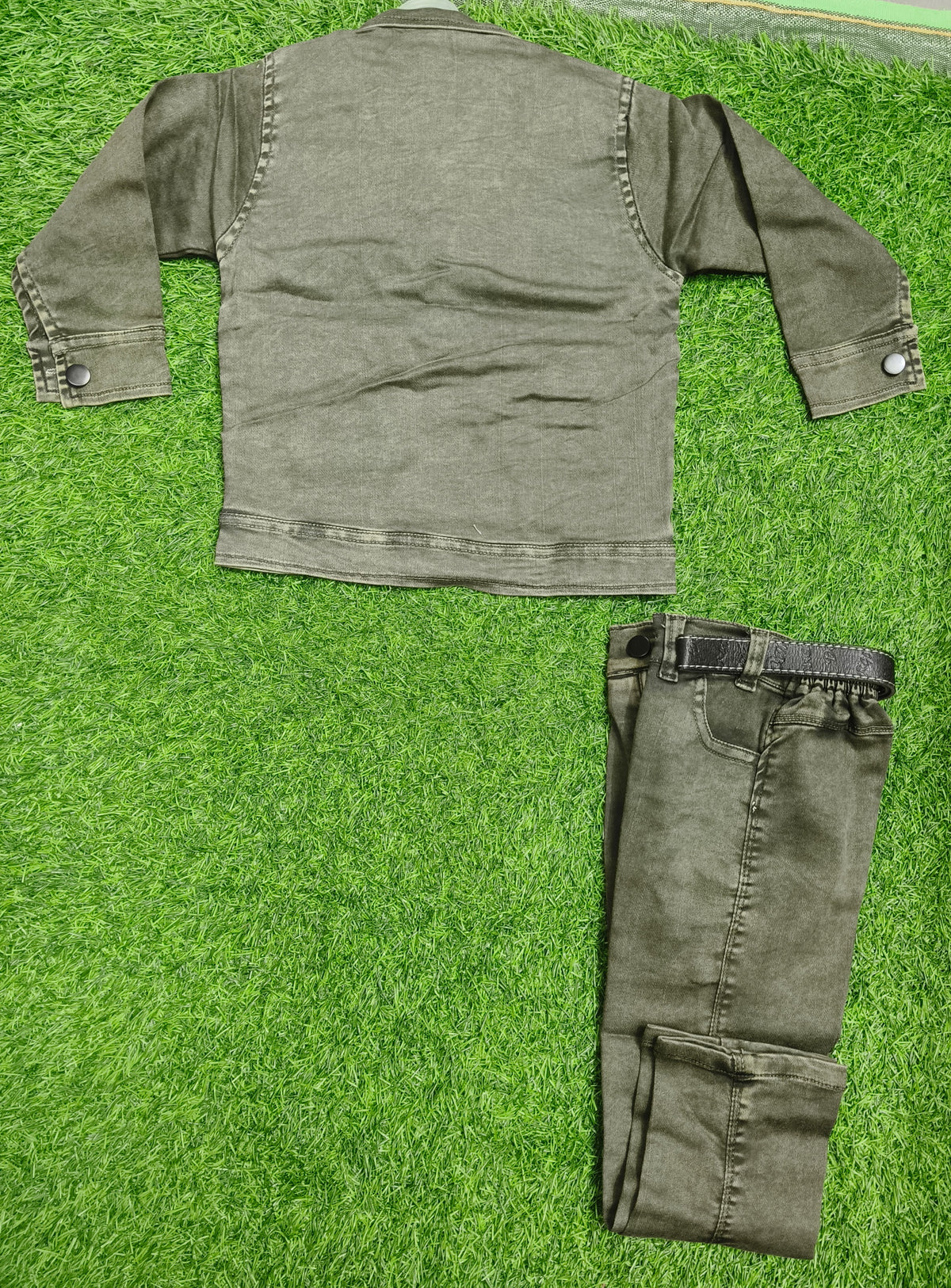 Boys Olive Green Denim Jacket and Olive Green Elastic Waist Pant Set