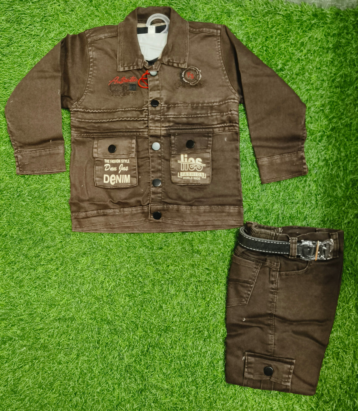 Boys Brown Denim Jacket and Brown Elastic Waist Pant Set