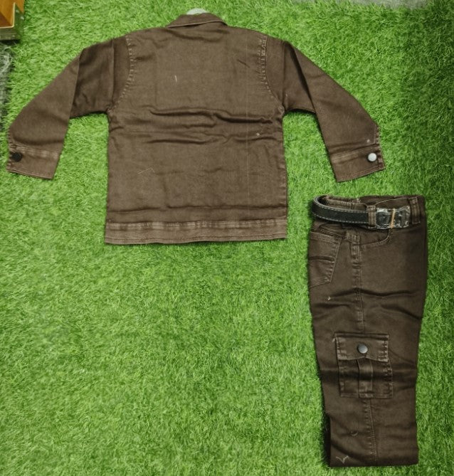 Boys Brown Denim Jacket and Brown Elastic Waist Pant Set