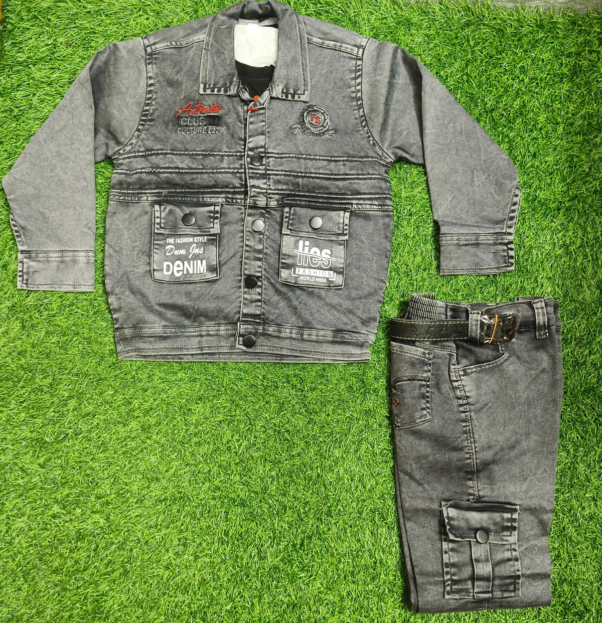 Boys Grey Denim Jacket and Grey Elastic Waist Pant Set