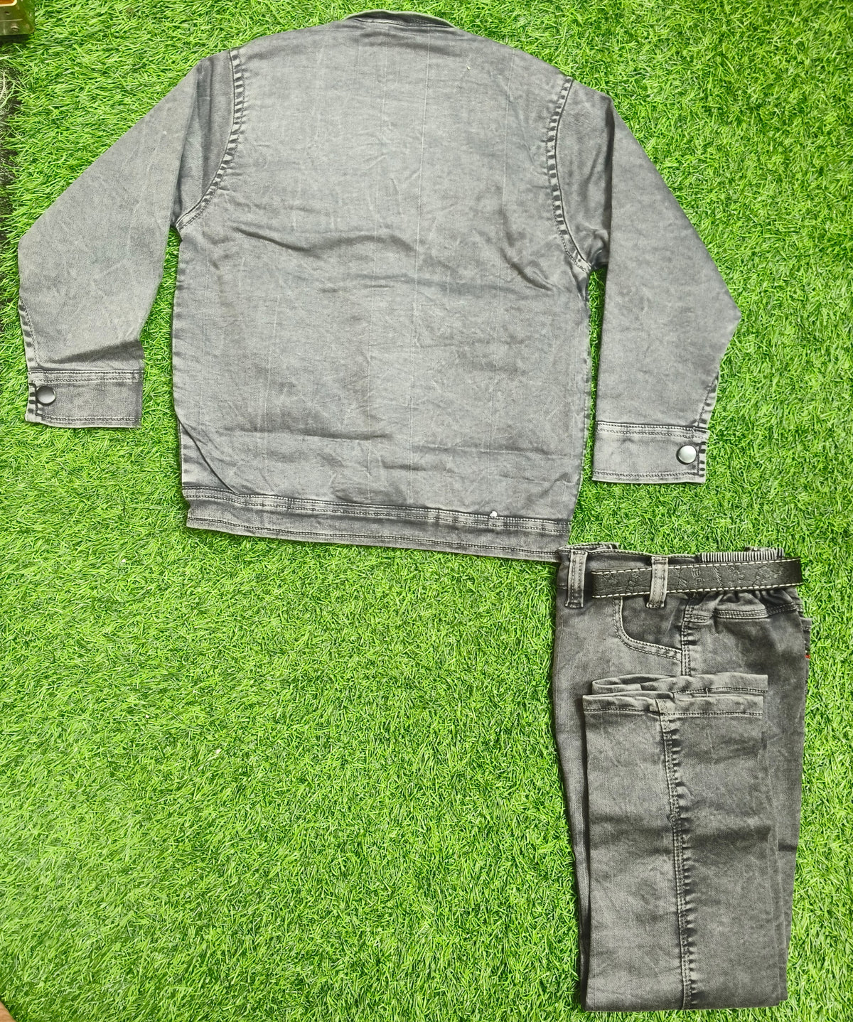 Boys Grey Denim Jacket and Grey Elastic Waist Pant Set