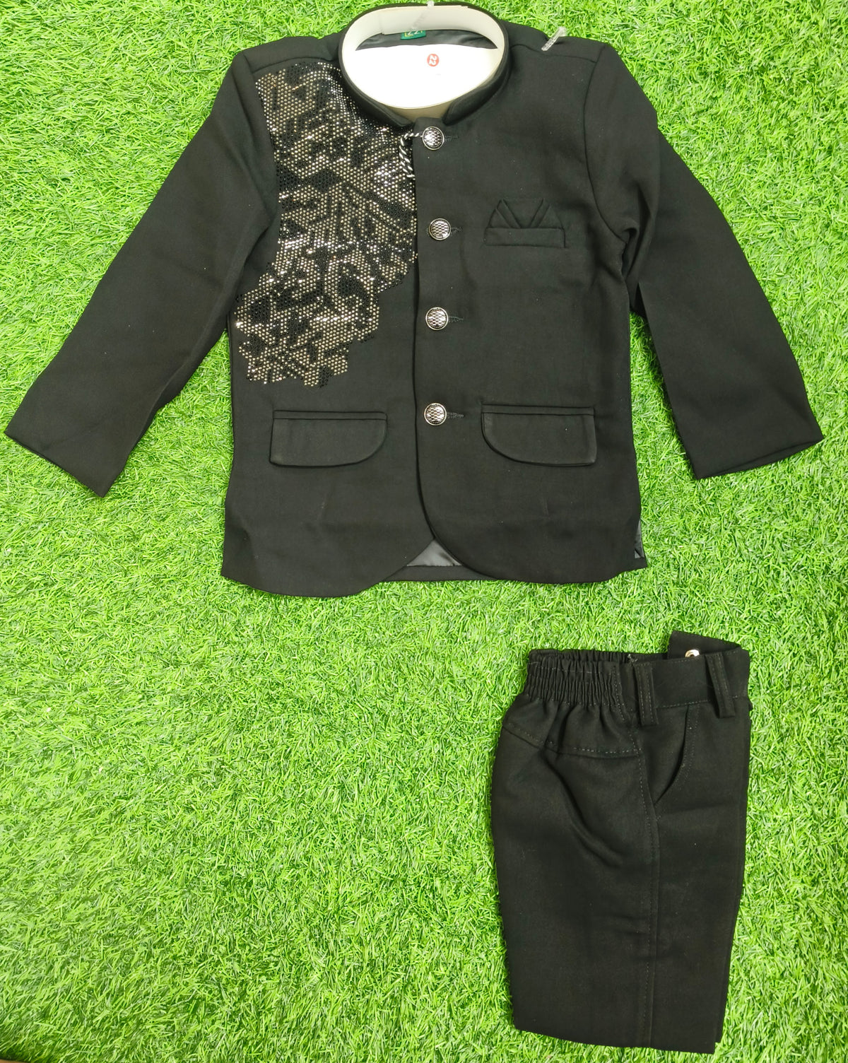 Boys Black Sequins Coat and Black Elastic Waist Pant Set
