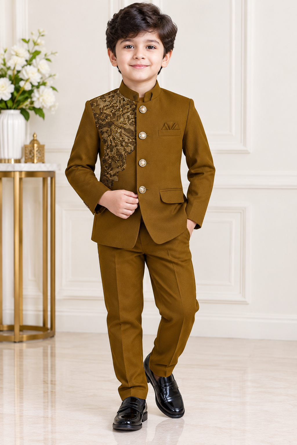 Boys Mustard Brown Sequins Coat and Mustard Brown Elastic Waist Pant Set