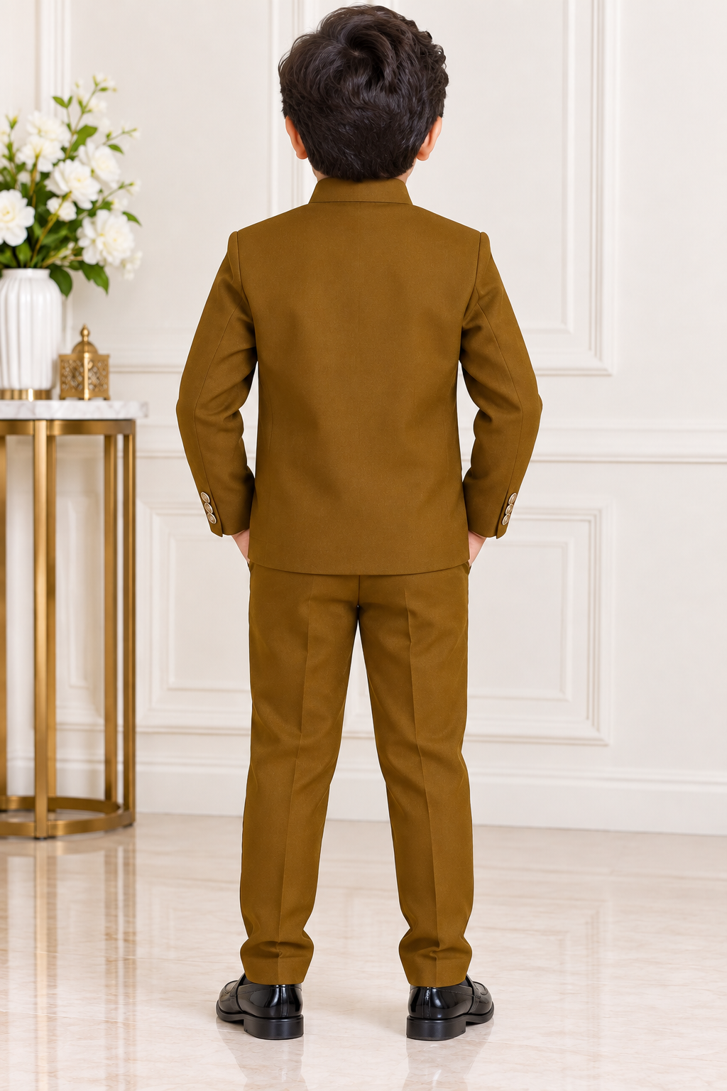 Boys Mustard Brown Sequins Coat and Mustard Brown Elastic Waist Pant Set