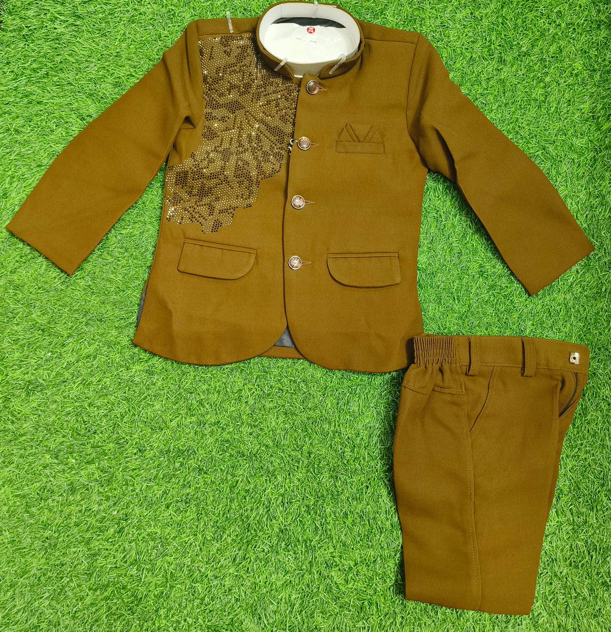 Boys Mustard Brown Sequins Coat and Mustard Brown Elastic Waist Pant Set