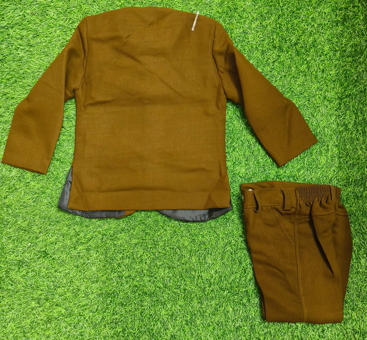 Boys Mustard Brown Sequins Coat and Mustard Brown Elastic Waist Pant Set