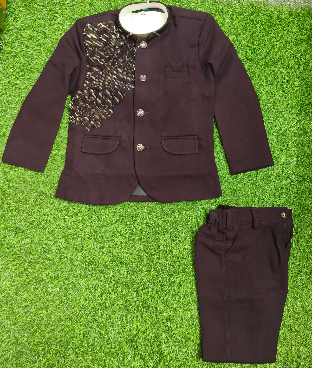 Boys Dark Wine Sequins Coat and Dark Wine Elastic Waist Pant Set