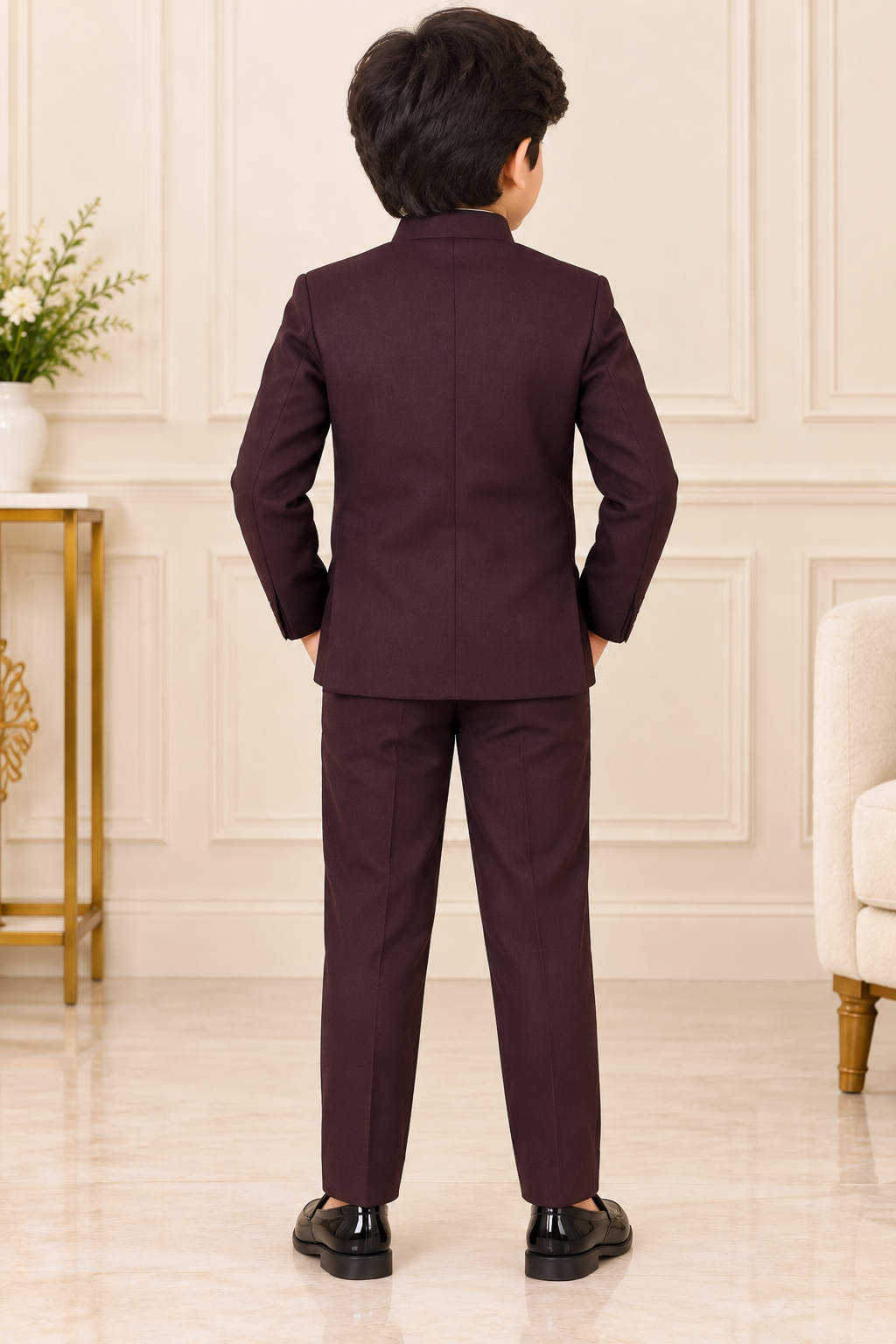 Boys Dark Wine Sequins Coat and Dark Wine Elastic Waist Pant Set