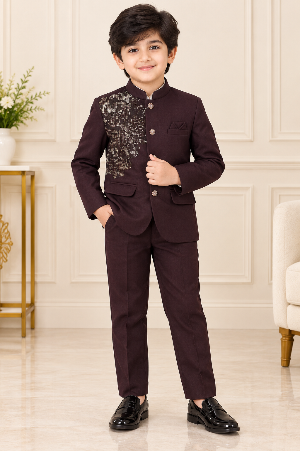 Boys Dark Wine Sequins Coat and Dark Wine Elastic Waist Pant Set