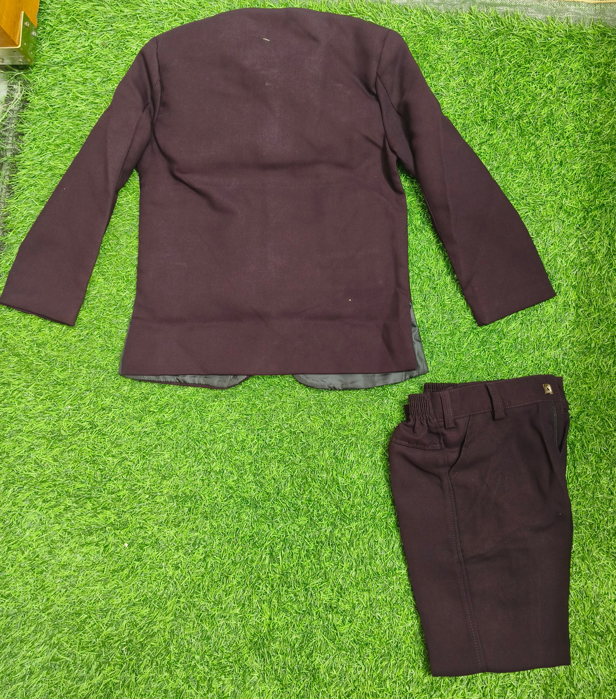 Boys Dark Wine Sequins Coat and Dark Wine Elastic Waist Pant Set