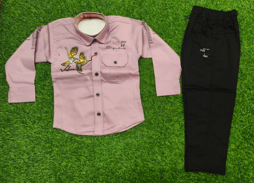Boys Pink and Black Embroidered Shirt and Pant Set