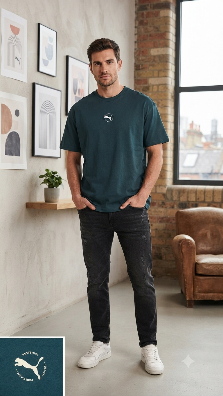 PUMA Men’s Dark Teal Green Minimal Logo Round Neck T-Shirt