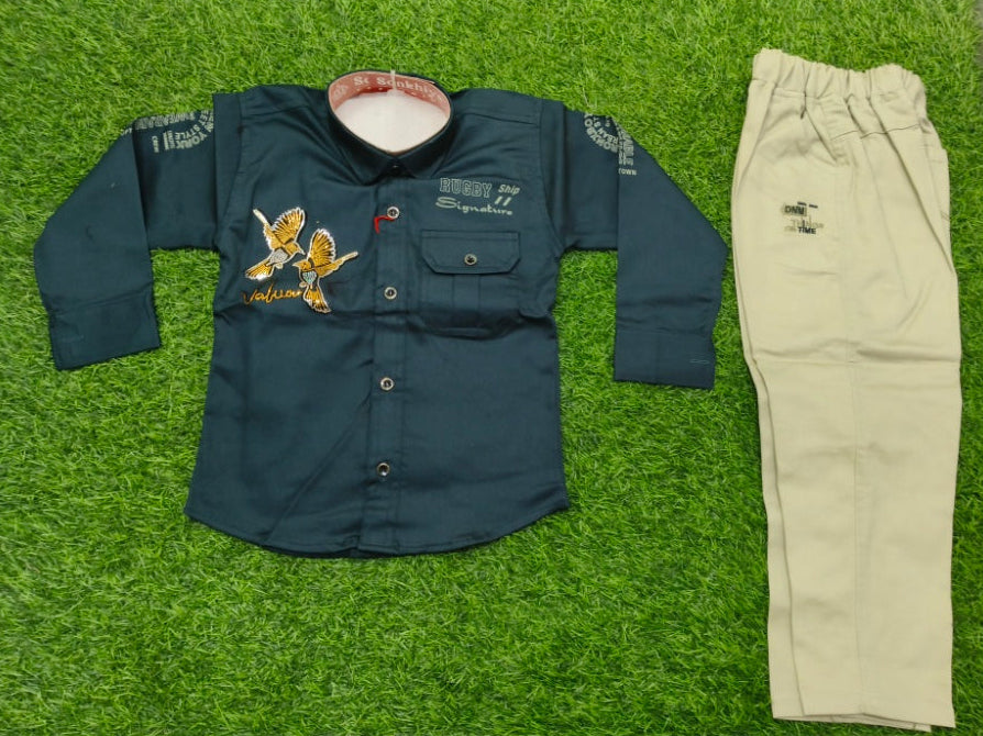 Boys Dark Teal and Beige Embroidered Shirt and Cargo Pant Set