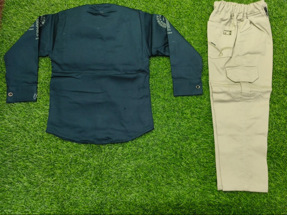 Boys Dark Teal and Beige Embroidered Shirt and Cargo Pant Set