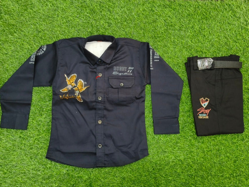 Boys Navy Blue Shirt and Denim Pant Set