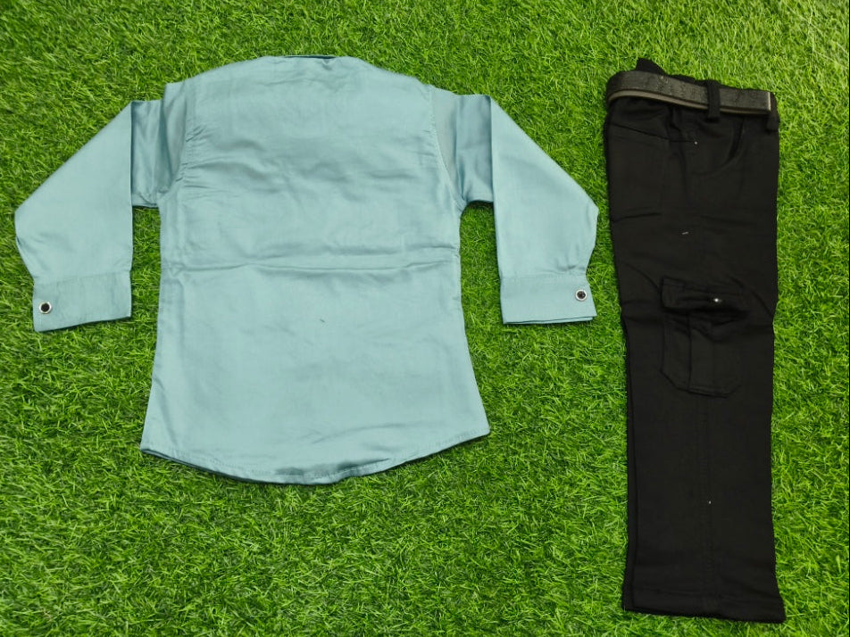 Boys Sea Green and Black Shirt and Cargo Pant Set