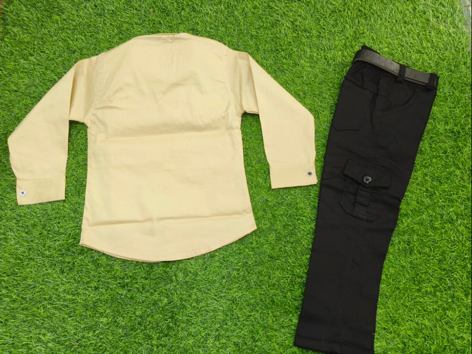 Boys Beige and Black Shirt and Cargo Pant Set