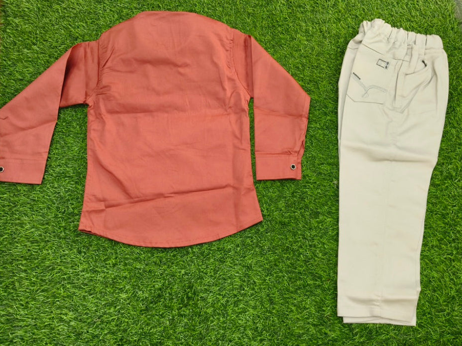 Boys Rust and Beige Shirt and Pant Set