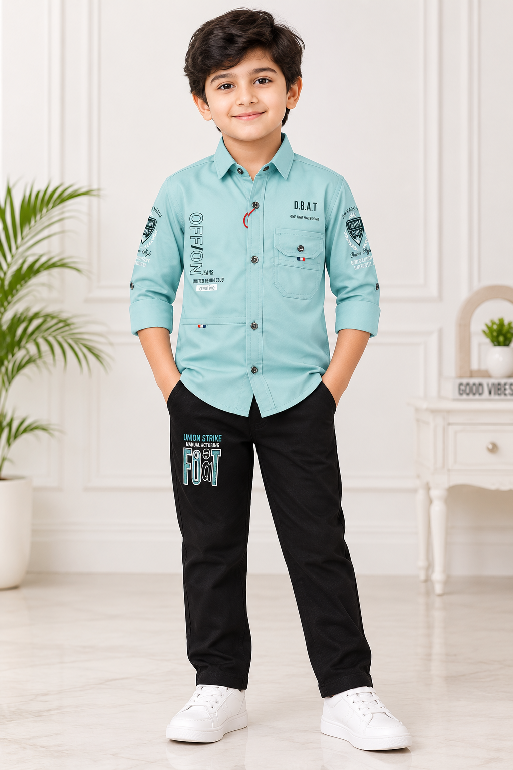 Boys Light Sea Green Shirt and Black Denim Pant Set