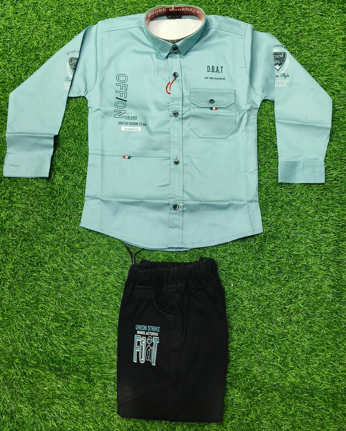 Boys Light Sea Green Shirt and Black Denim Pant Set