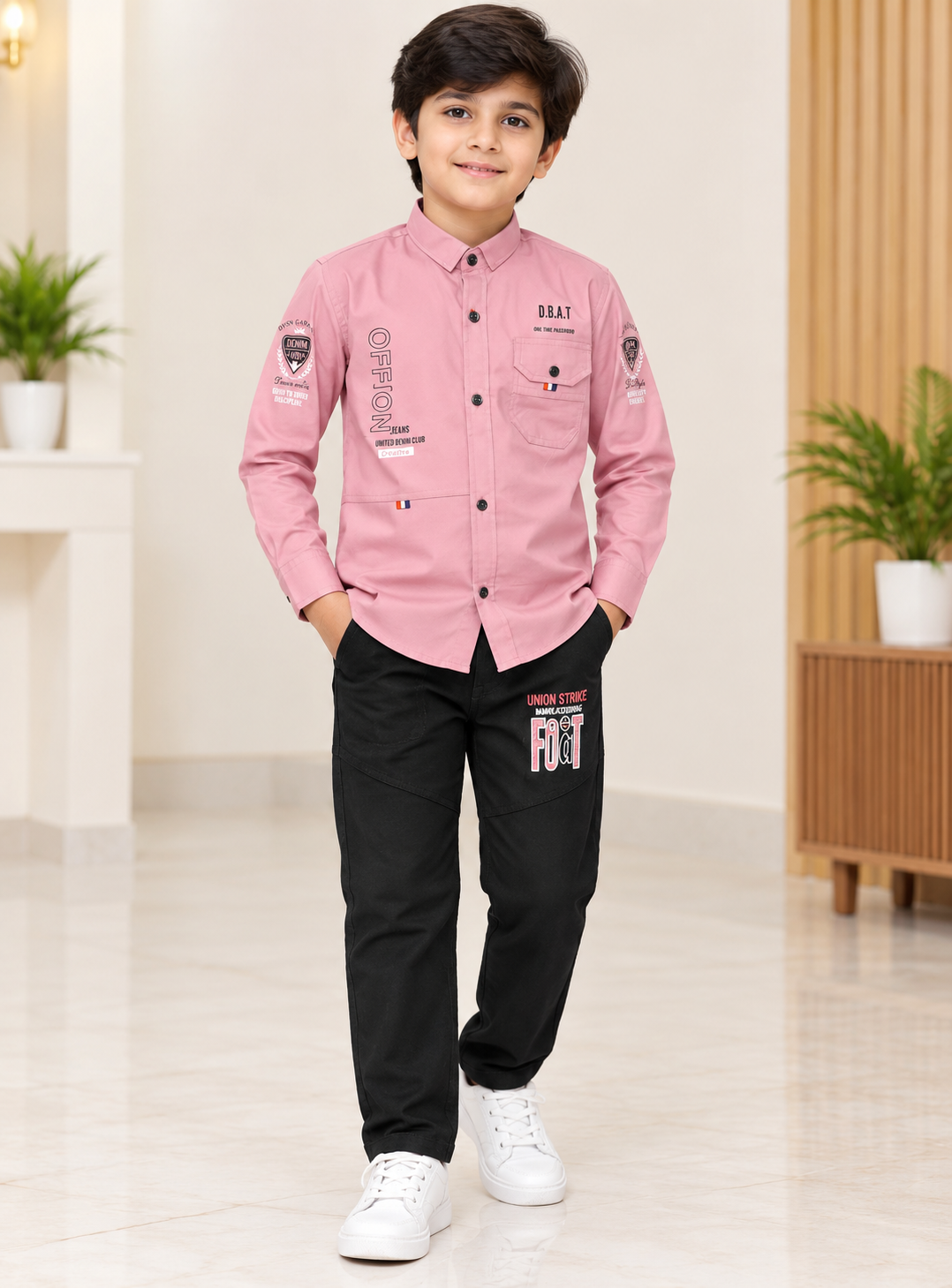 Boys Light Pink Shirt and Black Denim Pant Set