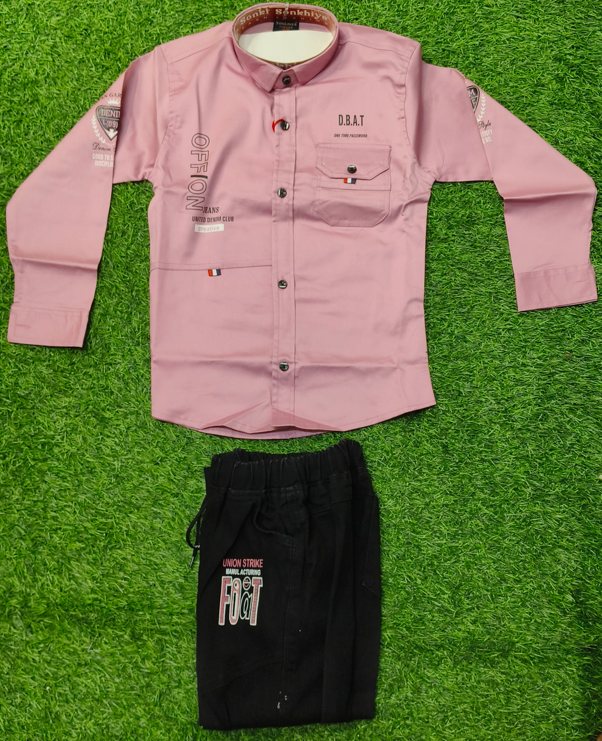 Boys Light Pink Shirt and Black Denim Pant Set