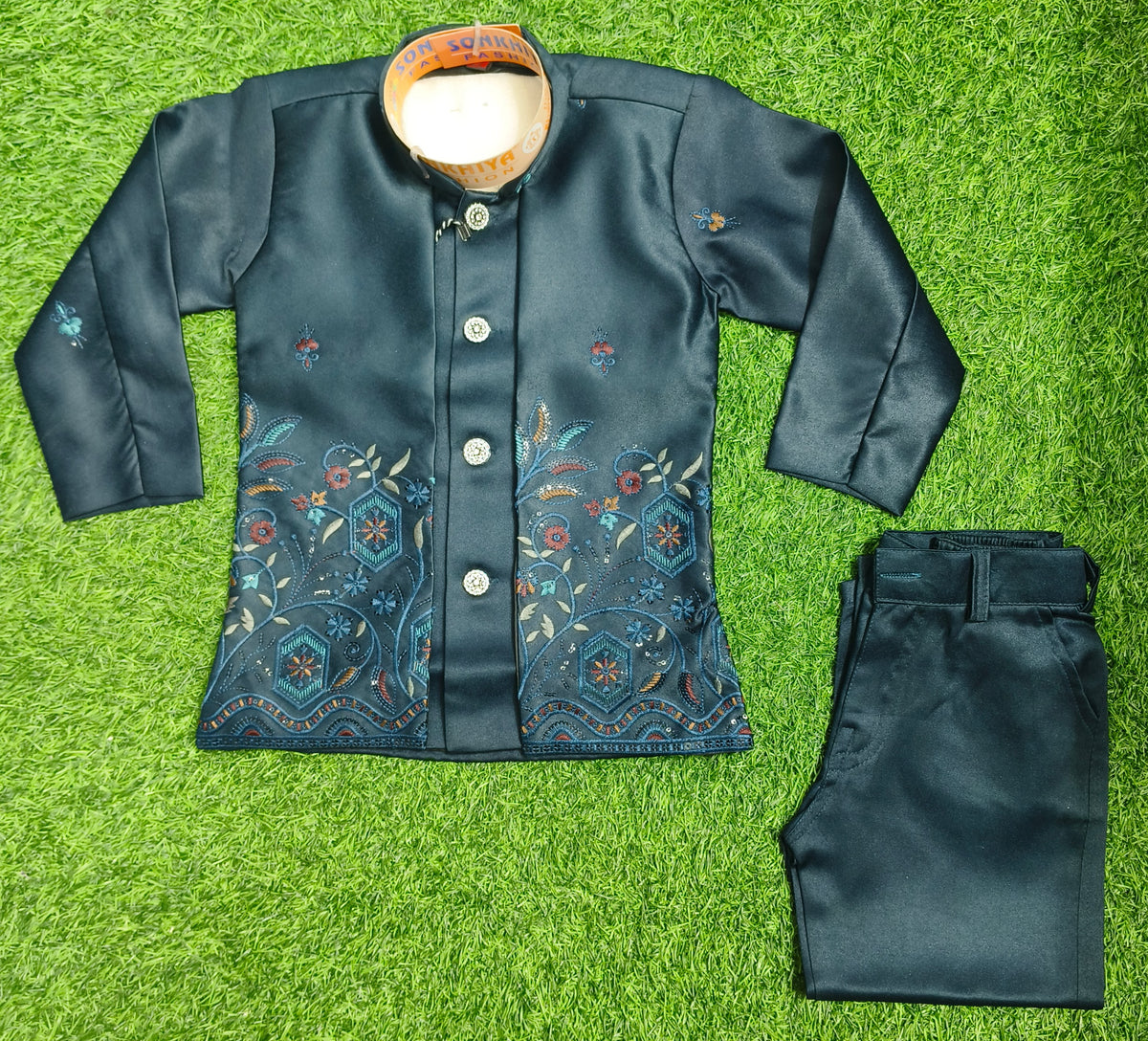 Boys Dark Green Embroidered Coat and Dark Green Elastic Waist Pant Set