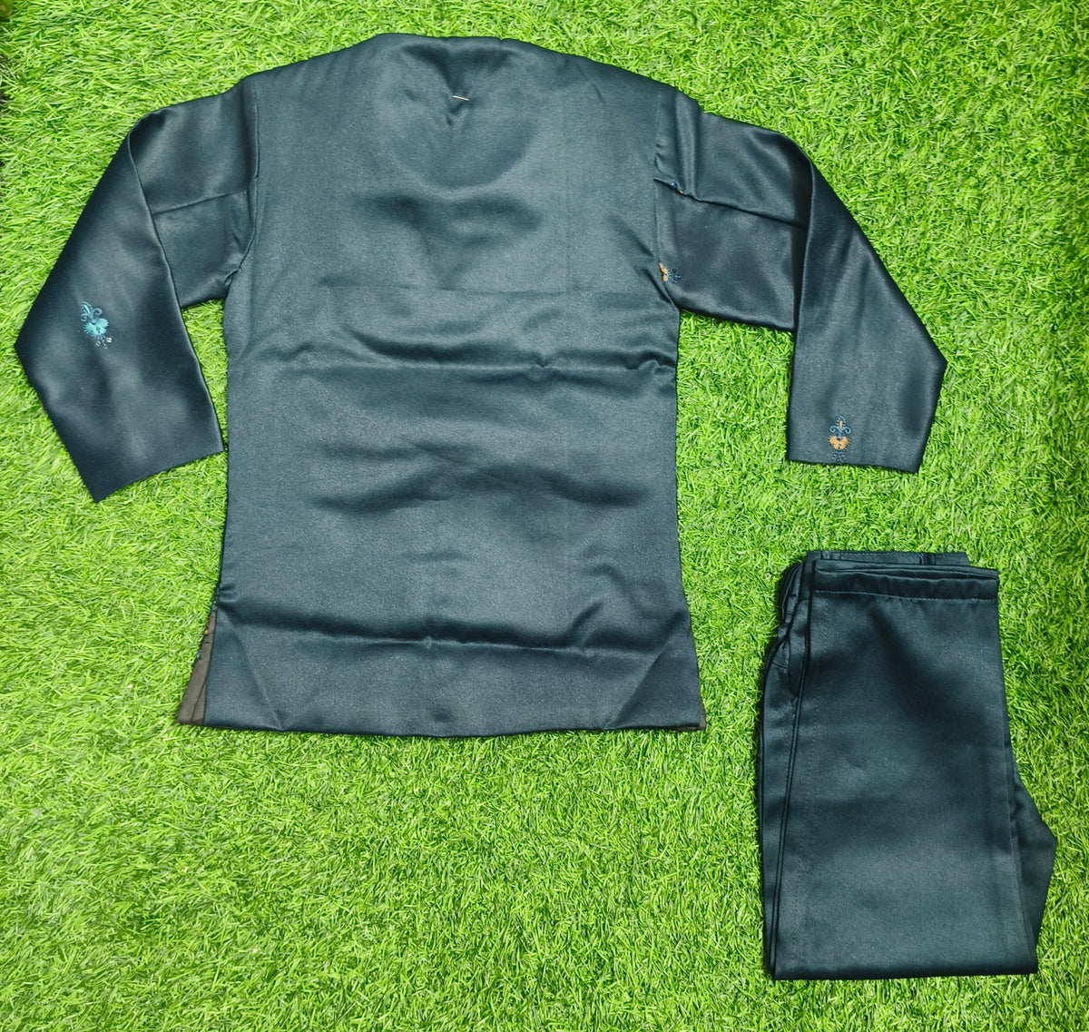 Boys Dark Green Embroidered Coat and Dark Green Elastic Waist Pant Set