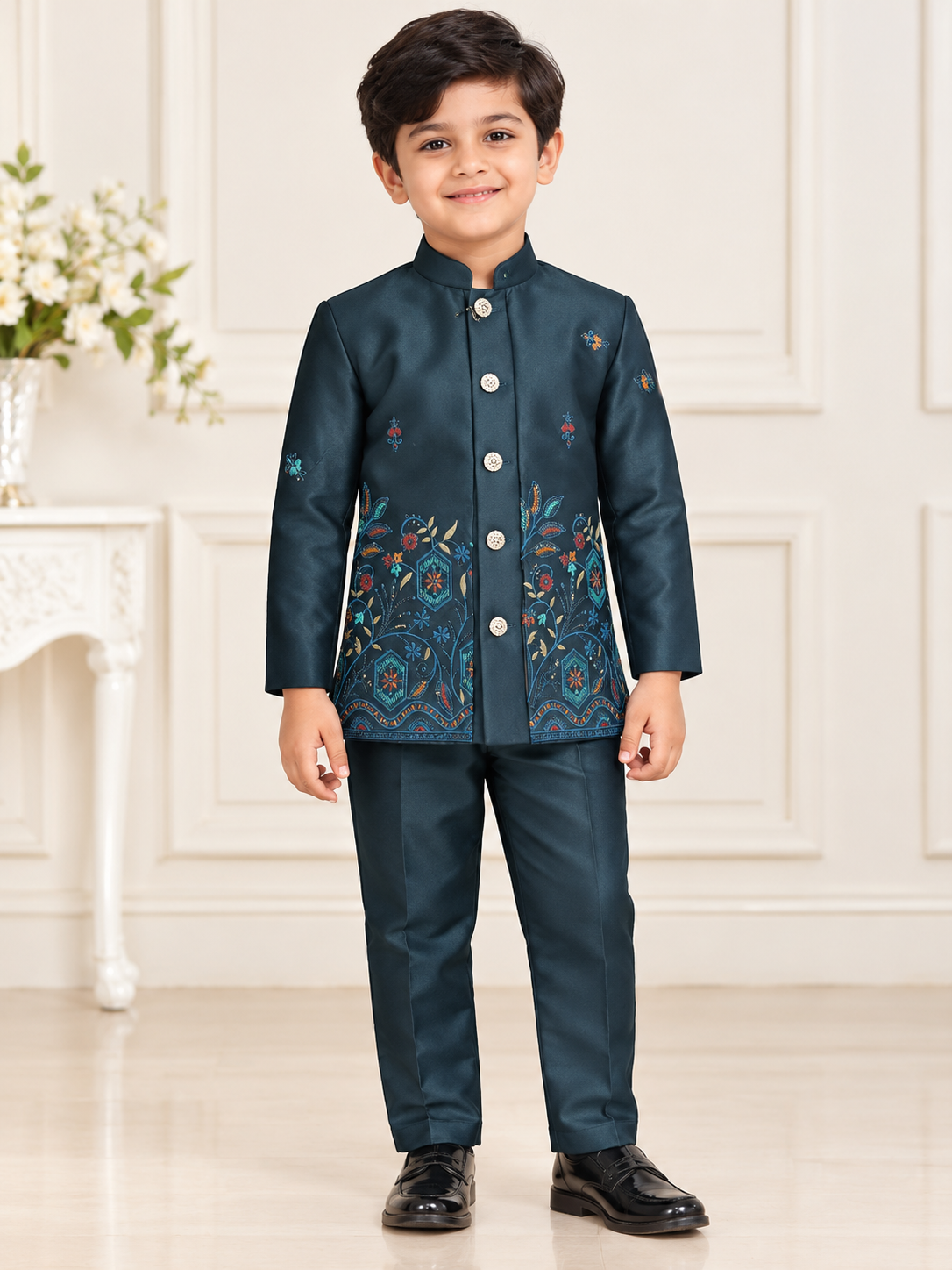 Boys Dark Green Embroidered Coat and Dark Green Elastic Waist Pant Set
