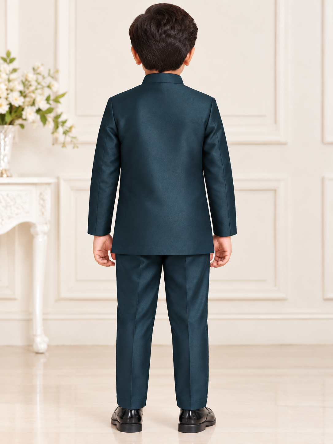 Boys Dark Green Embroidered Coat and Dark Green Elastic Waist Pant Set