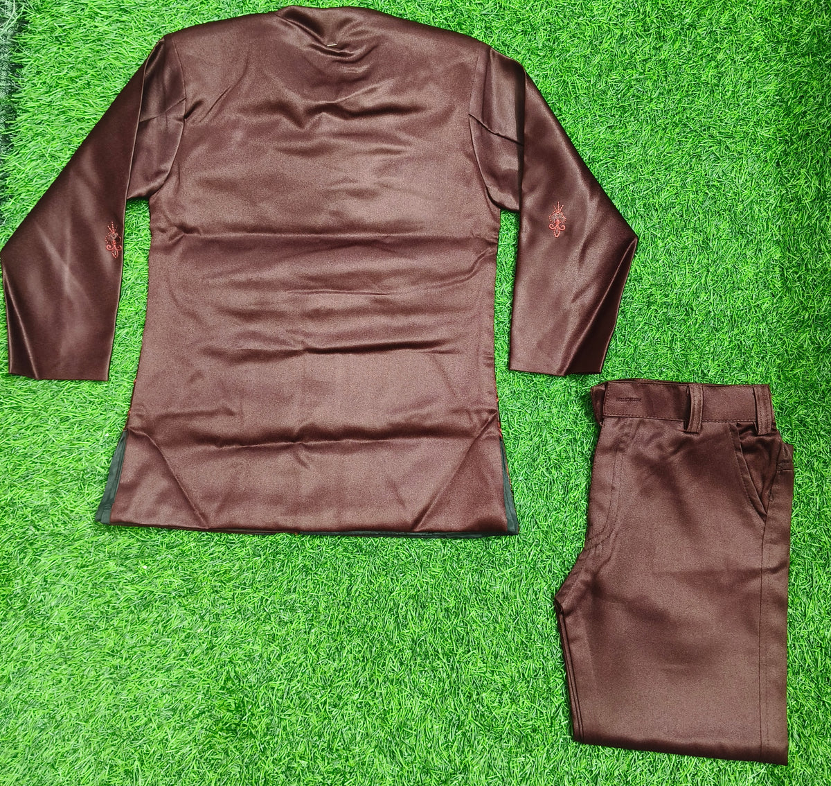 Boys Dark Coffee Brown Embroidered Coat and Dark Coffee Brown Elastic Waist Pant Set