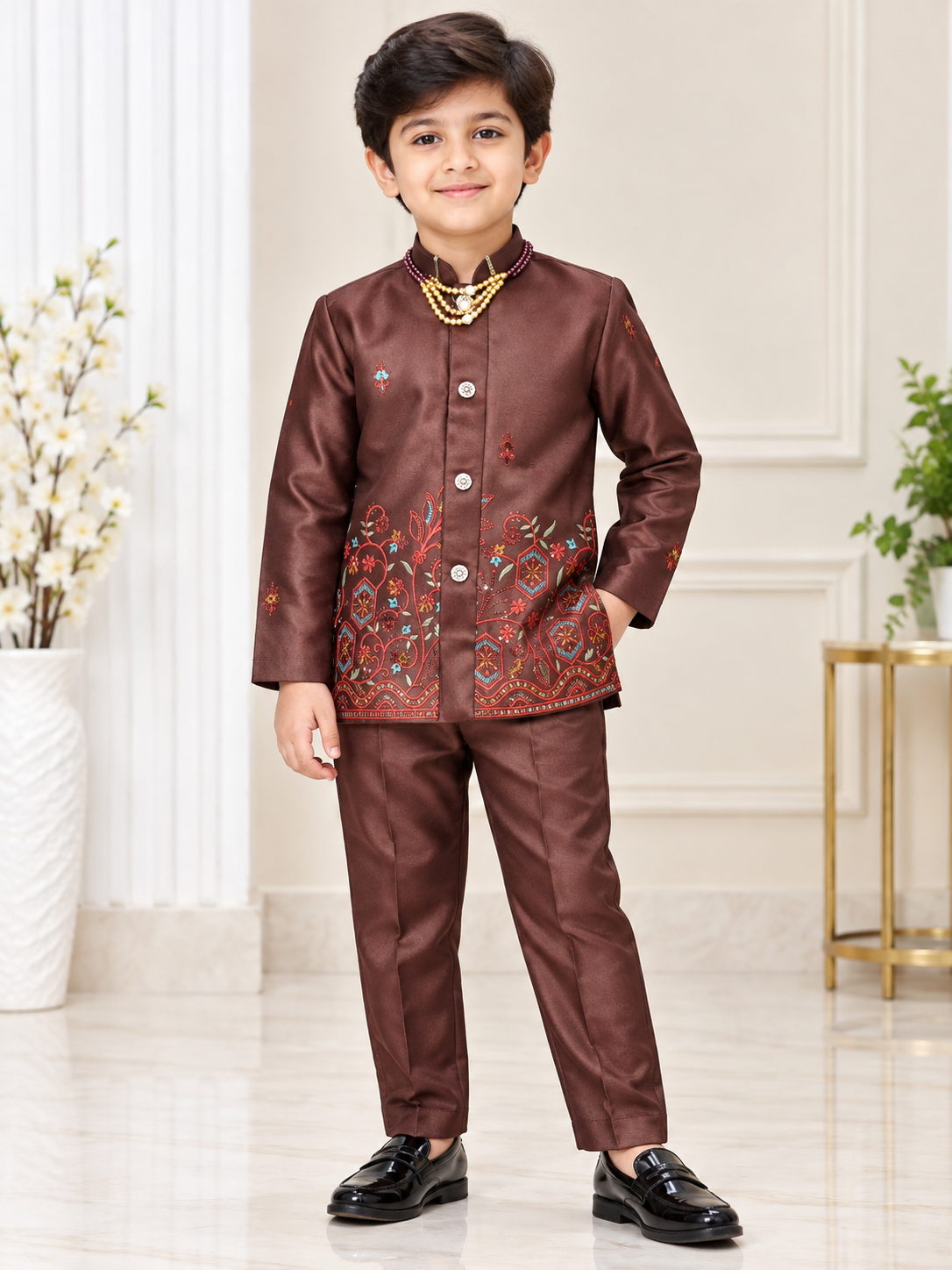 Boys Dark Coffee Brown Embroidered Coat and Dark Coffee Brown Elastic Waist Pant Set