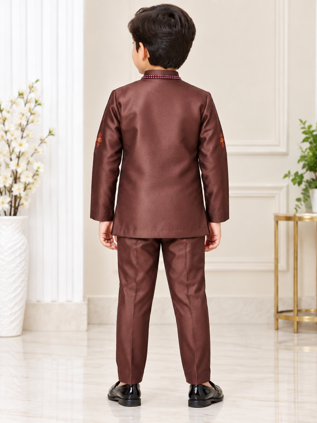 Boys Dark Coffee Brown Embroidered Coat and Dark Coffee Brown Elastic Waist Pant Set