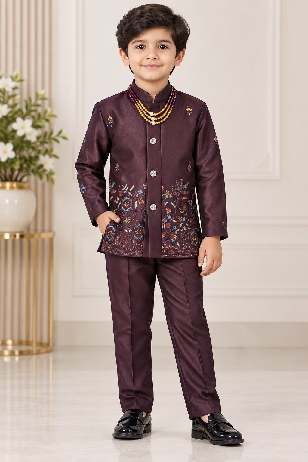 Boys Dark Wine Embroidered Coat and Dark Wine Elastic Waist Pant Set