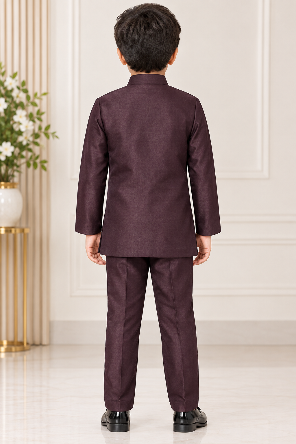 Boys Dark Wine Embroidered Coat and Dark Wine Elastic Waist Pant Set
