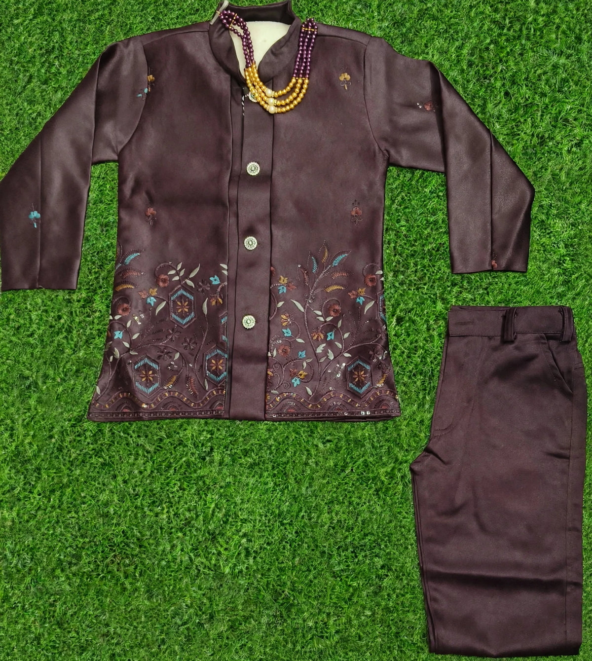 Boys Dark Wine Embroidered Coat and Dark Wine Elastic Waist Pant Set