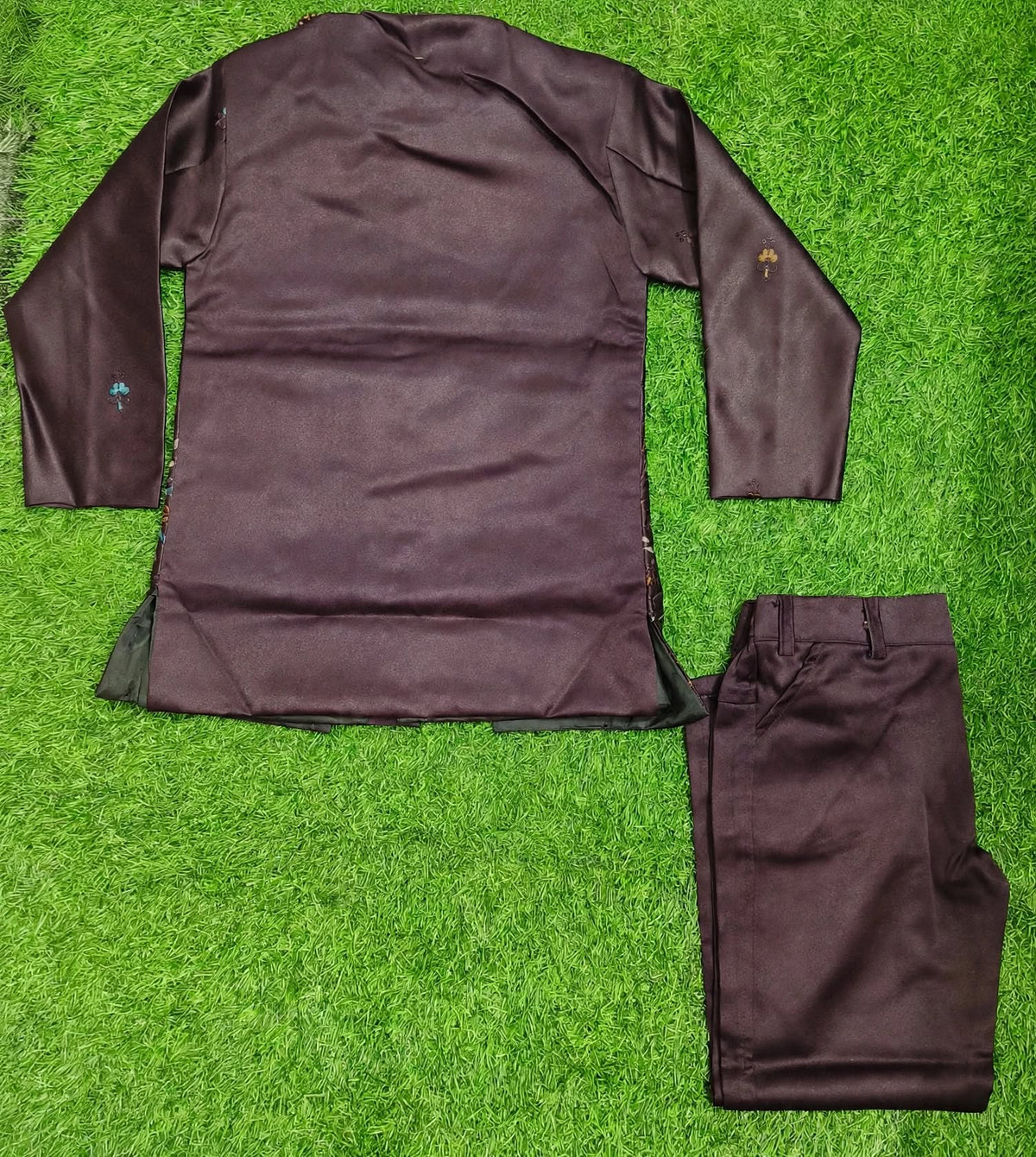 Boys Dark Wine Embroidered Coat and Dark Wine Elastic Waist Pant Set