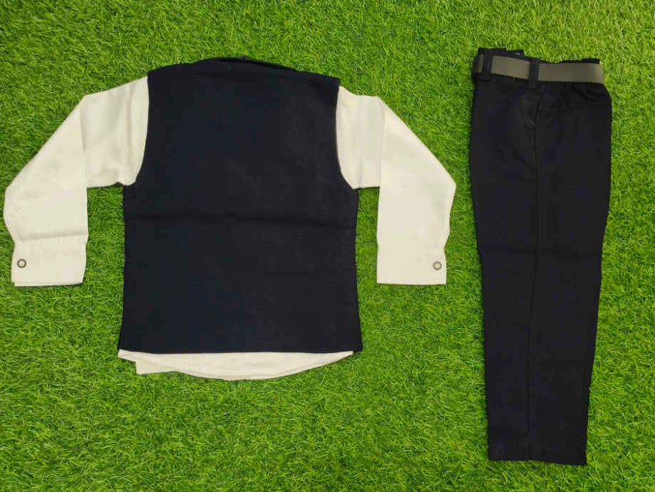Boys Navy Blue and White Waistcoat, Shirt, Bowtie, and Pant Set