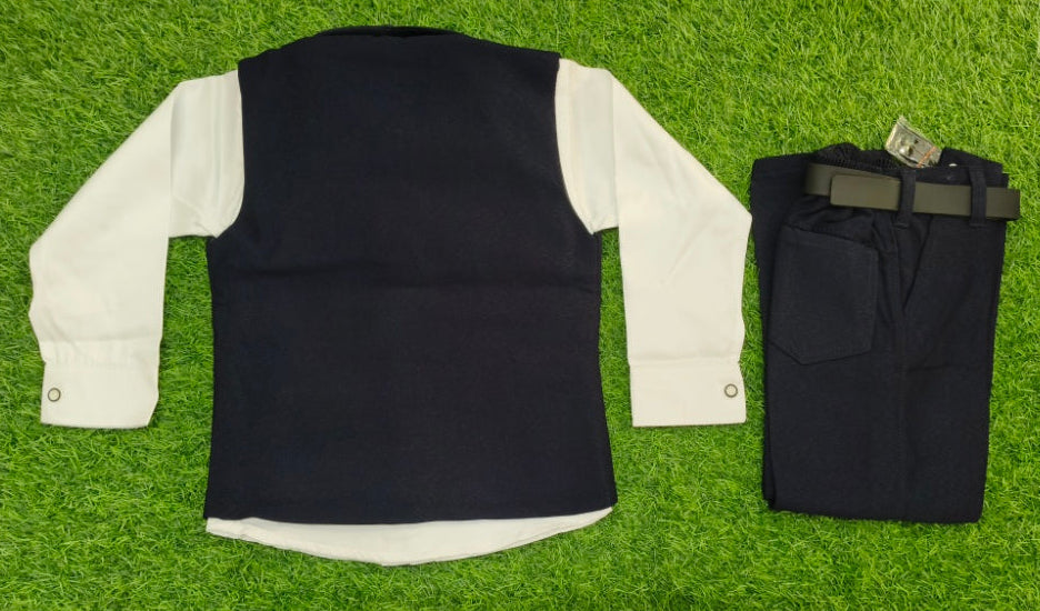 Boys Navy Blue and White Embroidered Waistcoat, Shirt, Bowtie, and Pant Set