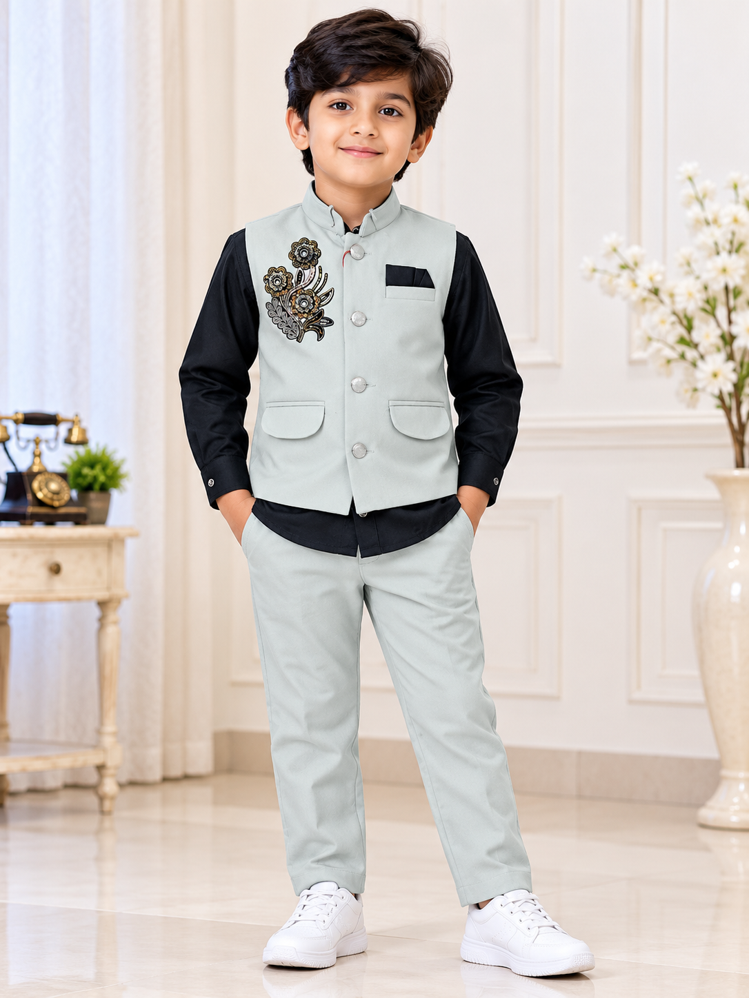 Boys Cream Embroidered Blazer with Black Shirt & Cream Pant Party Wear Set