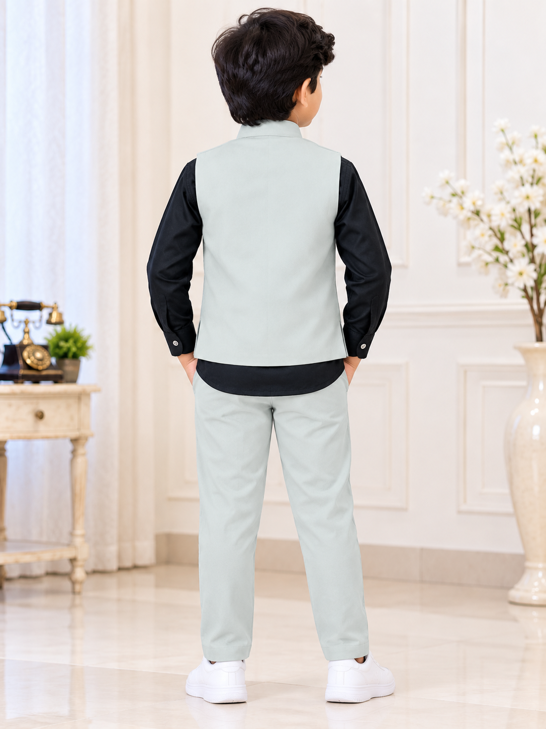 Boys Cream Embroidered Blazer with Black Shirt & Cream Pant Party Wear Set