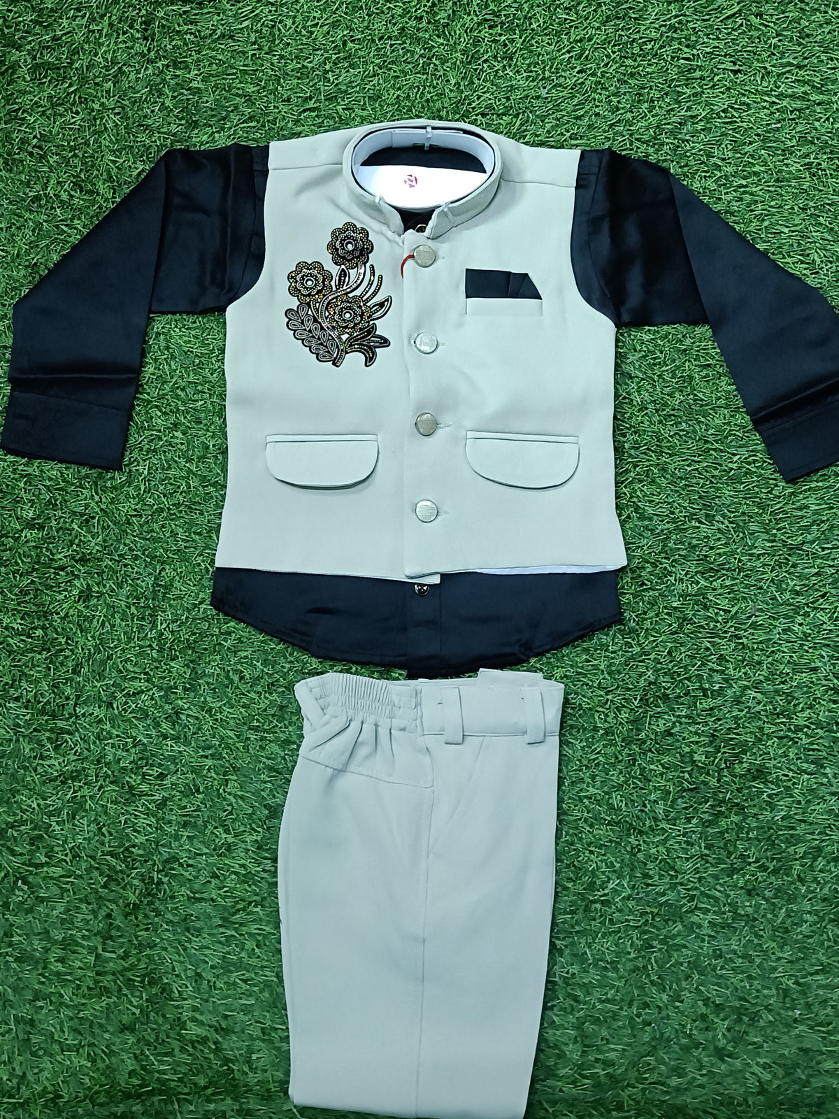 Boys Cream Embroidered Blazer with Black Shirt & Cream Pant Party Wear Set
