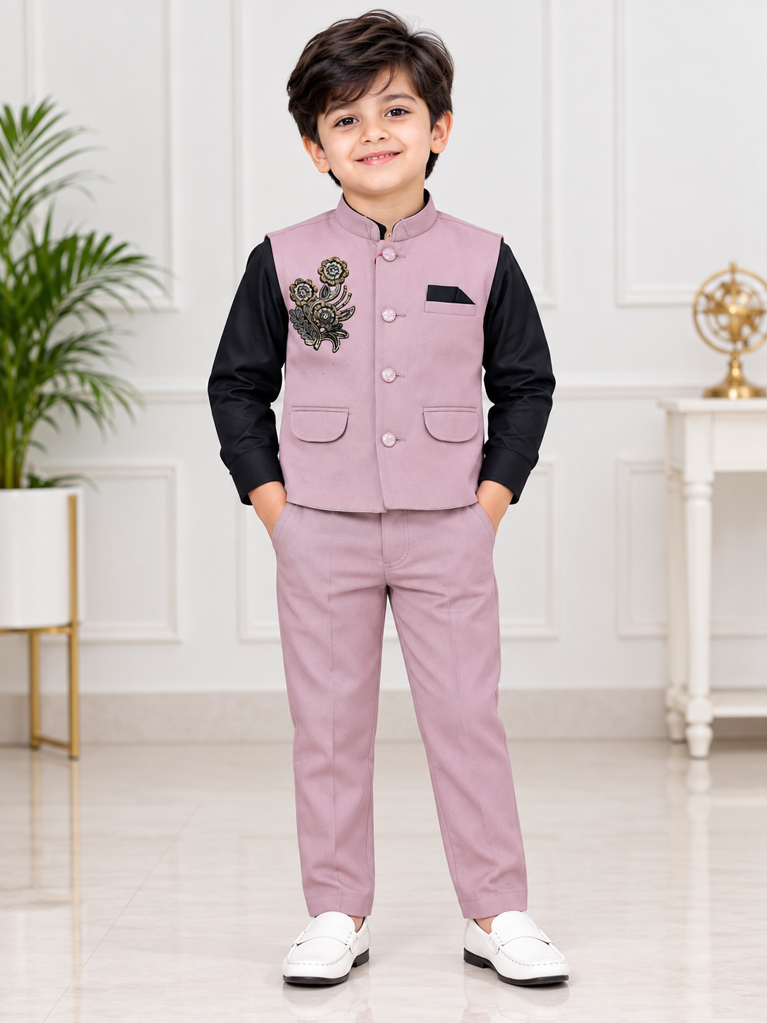 Boys Dusty Pink Embroidered Blazer with Black Shirt & Matching Pant Party Wear Set